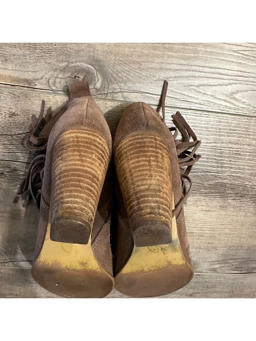 STEVE MADDEN Tan Fringed heeled ankle booties suede leather western size 7.5 - Picture 14 of 16